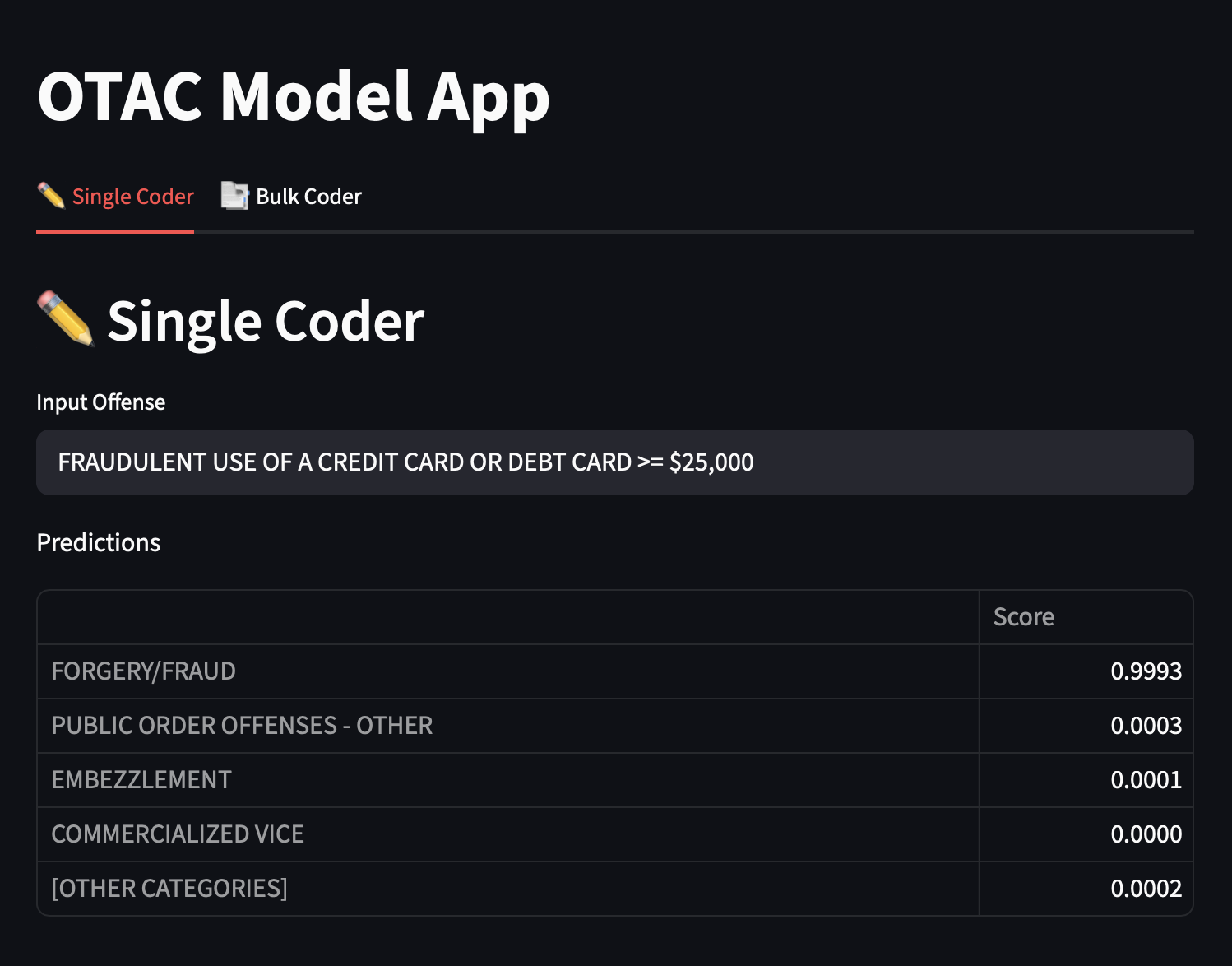 OTAC Single Coder — type one offense and see predictions instantly